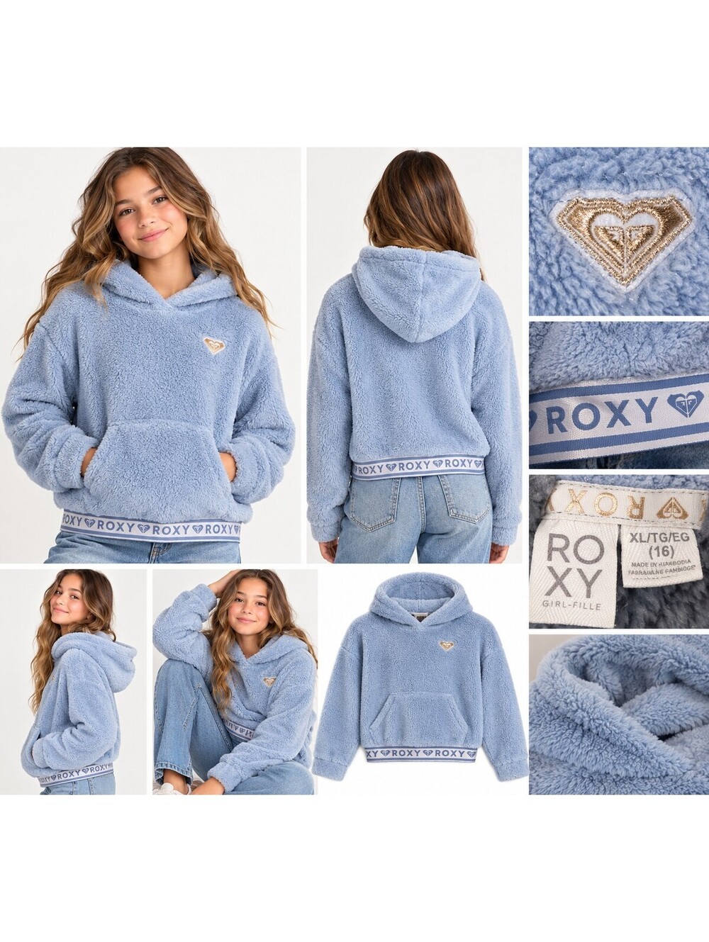 Roxy Girl XL 16 Blue Plush Sherpa Fleece Cropped Hoodie Logo